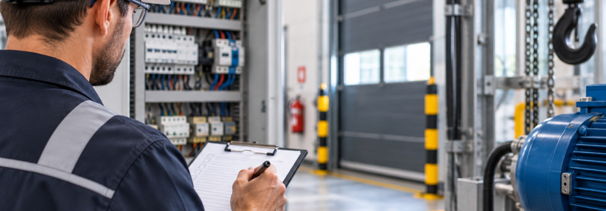 Technicien réalisant un contrôle et une opération de maintenance sur des équipements professionnels