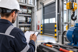 Technicien réalisant un contrôle et une opération de maintenance sur des équipements professionnels