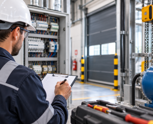 Technicien réalisant un contrôle et une opération de maintenance sur des équipements professionnels