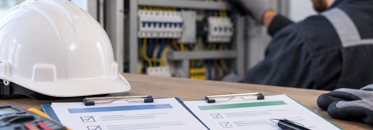 Technicien réalisant une vérification électrique sur une installation professionnelle