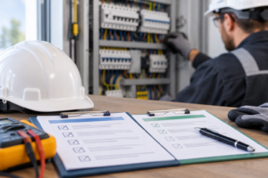 Technicien réalisant une vérification électrique sur une installation professionnelle