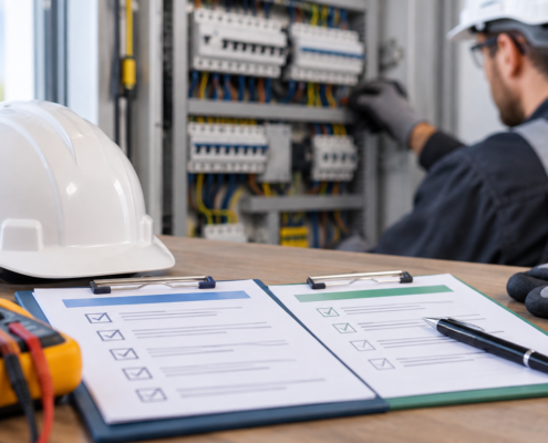 Technicien réalisant une vérification électrique sur une installation professionnelle